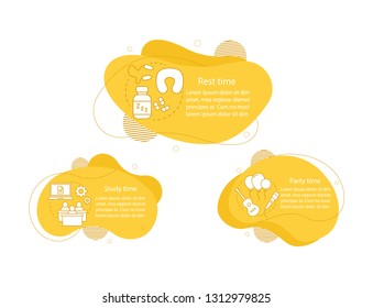 Study, party and rest time concept illustrations. Daily student schedule infographic. Everyday life. Fluid elements with text and linear icons. Three wavy bubbles steps. Presentation, banner cliparts