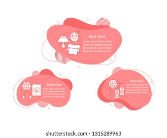 Study, party, rest time concept illustrations. Daily student routine infographic. Day planning. Fluid elements with text, linear icons. Three wavy bubbles steps. Presentation, banner vector cliparts