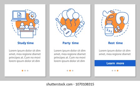 Study, party and rest time onboarding mobile app page screen with linear concepts. Daily student schedule steps graphic instructions. UX, UI, GUI vector template with illustrations