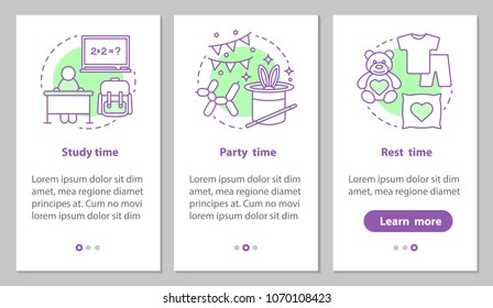 Study, party and rest time onboarding mobile app page screen with linear concepts. Daily student schedule steps graphic instructions. UX, UI, GUI vector template with illustrations