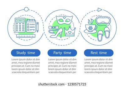 Study, party and rest time vector infographic template. Daily student schedule. Business presentation design elements. Data visualization with three steps. Process timeline chart. Workflow layout