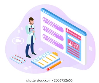 Study of the patient's case. Doctor stands next to the medical card of patients, reads complaints and symptoms, makes a final diagnosis. Cartoon isometric vector illustration on a white background