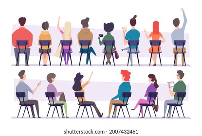 Study people. College students sitting on chair people back view listening project presentation exact vector flat illustrations