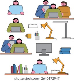 Study Person and Desk Item Illustration Collection