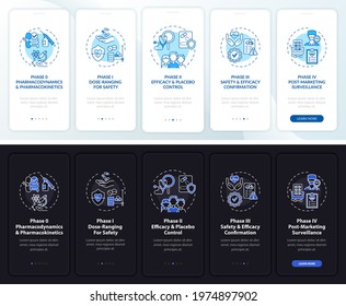 Study phases onboarding mobile app page screen with concepts. Dosage, surveillance walkthrough 5 steps graphic instructions. UI, UX, GUI vector template with linear night and day mode illustrations