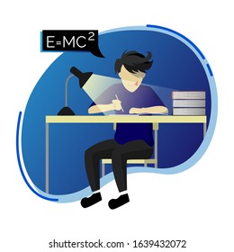 study physics on a table that has books, study light that shine. illustration of people who are learning, illustrations of people who are writing. flat illustration stock vector