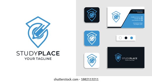 Icono del logotipo de ubicación del lugar de estudio y plantilla de diseño de tarjeta de visita