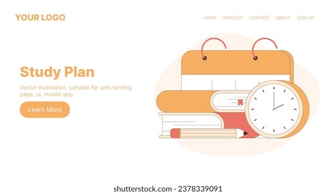 Study Plan. Web Landing Page Design. Flat Cartoon Vector Illustration. Vector illustration, suitable for web landing page, ui, mobile app