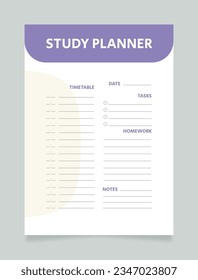 Study planner for day worksheet design template. Printable goal setting sheet. Editable time management sample. Scheduling page for organizing personal tasks. Arial Regular font used