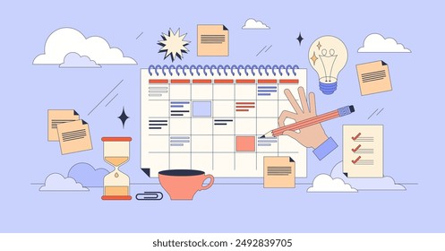 Study planner for effective time management tiny person neubrutalism concept. Plan for learning organization and timetable with homework, exam or lectures vector illustration. Monthly school calendar