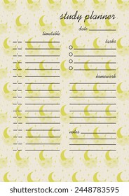 Study planner floral design Categories of notes. Vector pattern with moon and peony illustration.