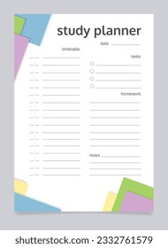 Study planner worksheet design template. Blank printable goal setting sheet. Time management sample. Scheduling page for organizing personal tasks. Barlow Bold, Oxygen Regular fonts used