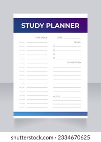 Study planner worksheet design template. School homework. Printable goal setting sheet. Editable time management sample. Scheduling page for organizing personal tasks. Montserrat font used