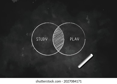 Study And Play overlapping  in  venn diagram drawn with chalk on Black Board Icon Logo Design Illustration 