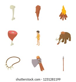Study of prehistoric icons set. Isometric set of 9 study of prehistoric vector icons for web isolated on white background