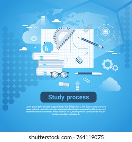 Study Process Web Banner With Copy Space On Blue Background Vector Illustration