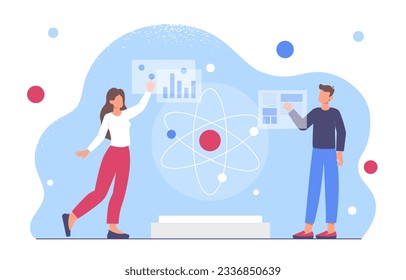 Study of quantum concept. Man and woman study structure of molecule and atom. Physics and chemistry. Educational materials and infographics. Poster or banner. Cartoon flat vector illustration