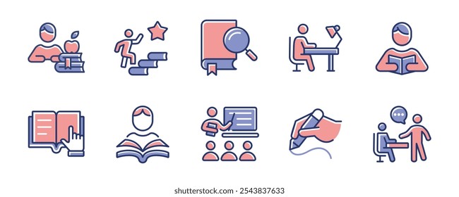 study and read book icon set library school education student learning journal research signs vector illustration for web and app