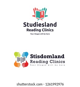 Study reading book with open hands fingers on piano block logo design vector template suitable for education course mastery clinic religious working team help each other icon flat