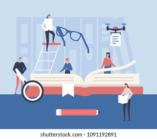 Study and research - flat design style illustration. High quality composition with a big book, glasses, drone, loupe, pencil and cute characters. Education theme