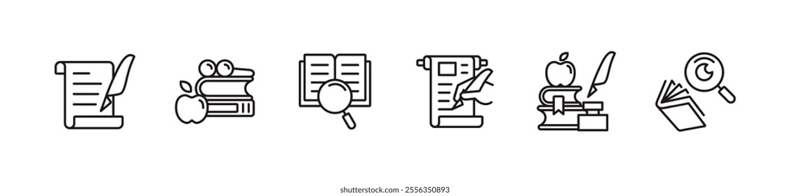 study research icon line set library literature learning read book search discovery education journal vector outline illustration