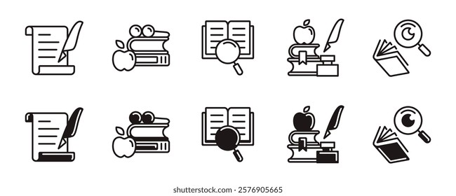 study research icon line set education read journal literature book search discovery cognition with magnifier signs vector outline illustration