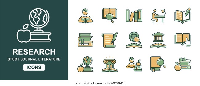 study research icon set education student read online journal literature discovery knowledge learning cognition signs vector collection illustration for web and app