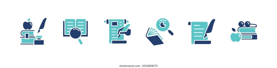 study research icon set library literature learning magnifier read book education journal writing search discovery signs vector illustration for web and app