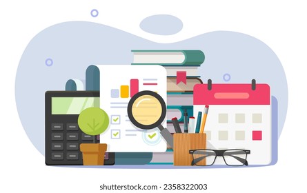 Study research overview audit vector icon graphic illustration, education analysis discovery report insight data, learning statistics economic document review, check internal school quality assessment