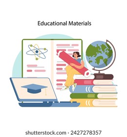 Study resource concept. Student surrounded by wealth of educational materials, from books to digital devices, for comprehensive learning experience. Various study techniques. Flat vector illustration