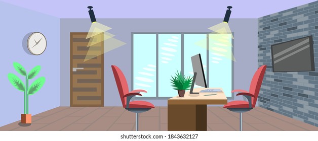 Study room with beautiful, panoramic windows and a table. Vector illustration