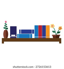 Ilustración vectorial de estantería de sala de estudio con libros y plantas