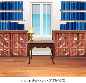 Sala de estudio con estanterías de libros e ilustración de mesa