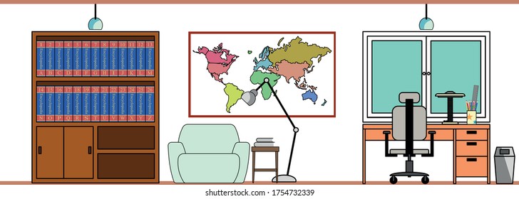 Study room design, desk and chair with lamb and stationery, bookcase with encyclopedia set, sofa with side table and floor lamp and world map
