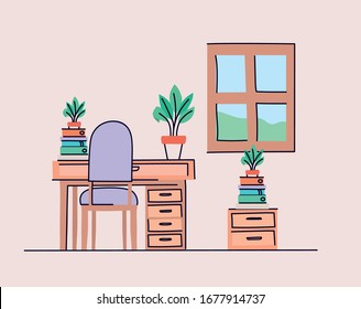 Study room with desk and chair design, Home house decoration interior living building apartment and residential theme Vector illustration