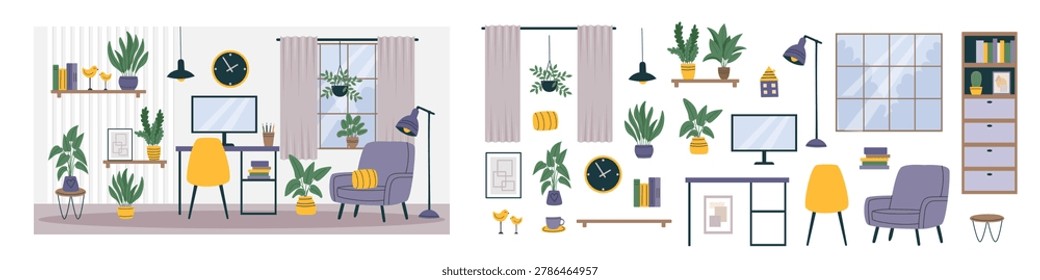 Study room interior background and separated furniture and decor elements19. Concept of interiors, home, study, place of work. Vector flat template and cliparts isolated on white. DIY.