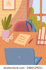 Study room interior, desk with laptop, notes and pencil, glasses and house plant. Vector illustration of place for study, open notebook, back to school and homework concept