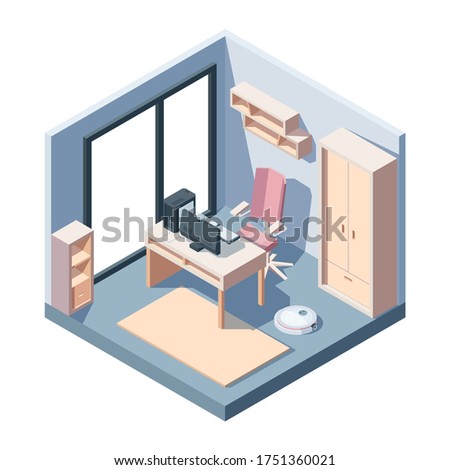 Study room isometric concept. Office modern design study room center computer chair table computer programmable cleaner large fashionable window entire wardrobe things corner. Vector illustration.