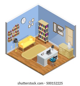 Study room isometric concept with table sofa and laptop vector illustration 