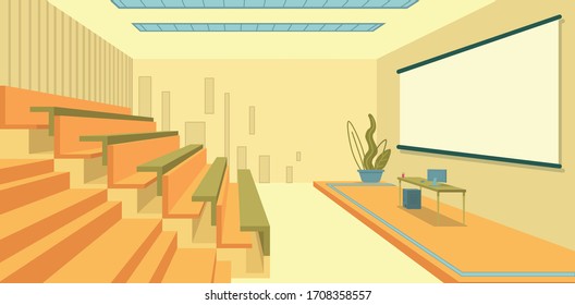Sala de estudio para conferencias con un cómodo Rostrum. Fila diferente Altura de la Catedral, Largo Baño y Confortable Escritorio para Estudios Concentrados. Proyector On Wall para ver material educativo.