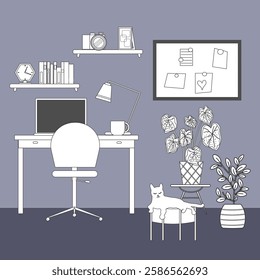 Study room. Line sketch. Desk and computer, work chair. Board with notes. Shelves with personal items. Ottoman and cat. Flowers. Vector illustration