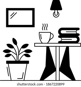 Study Room Table with Hot Coffee Mug and indoor plant concept, Home Office Interior Decoration Element Vector Glyph Icon Design,