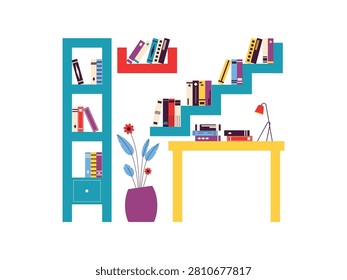 Study room there is bookcase, wall shelf, desk with a lamp, and a vase with tall leaves.