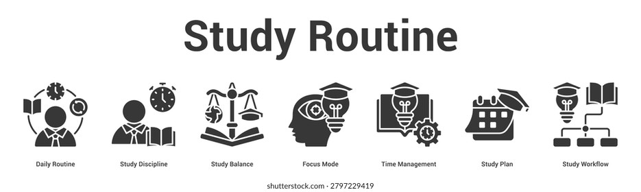 Study Routine web banner icon set vector illustration concept for business with icon of Daily Routine, Study Discipline, Study Balance, Focus Mode, Time Management, Study Pl.