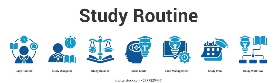 Study Routine web banner icon set vector illustration concept for business with icon of Daily Routine, Study Discipline, Study Balance, Focus Mode, Time Management, Study Pl.