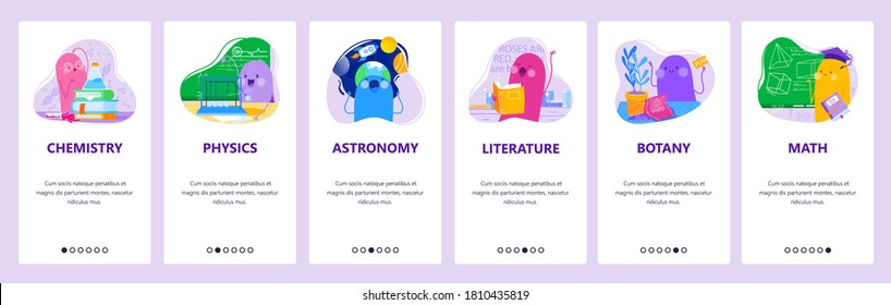 Die Studiengänge umfassen Chemie, Physik, Astronomie, Literatur, Botanik und Mathematik. Mobile App-Bildschirme. Vektorbanner-Vorlage für Website- und mobile Entwicklung. Website-Design-Illustration.