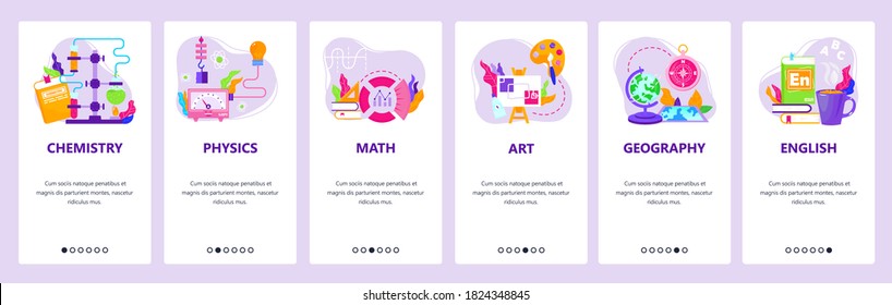 Study school education subjects chemistry, physics, math, art, geography, english. Mobile app screens. Vector banner template for website and mobile development. Web site design illustration.