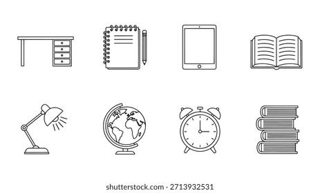 Conjunto de iconos vectoriales de educación escolar de estudio. Escritorio portátil tablet book lámpara globo reloj estacionario. Símbolo de línea moderno colección y Ilustración vectorial de Elementos.