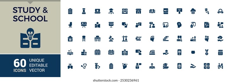 Study and school Icons Collection. Related to education, research, learning, students, and exams. Flat vector illustrations. Filled icon for web and ui. Editable and pixel perfect symbol pack.