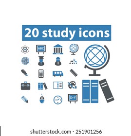study, school, learning flat isolated icons, signs, illustrations vector set on background